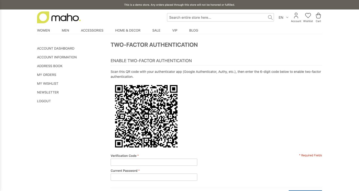 The two-factor authentication enrollment page in the customer account
