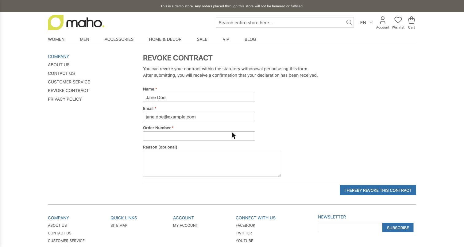 The revocation form on the storefront