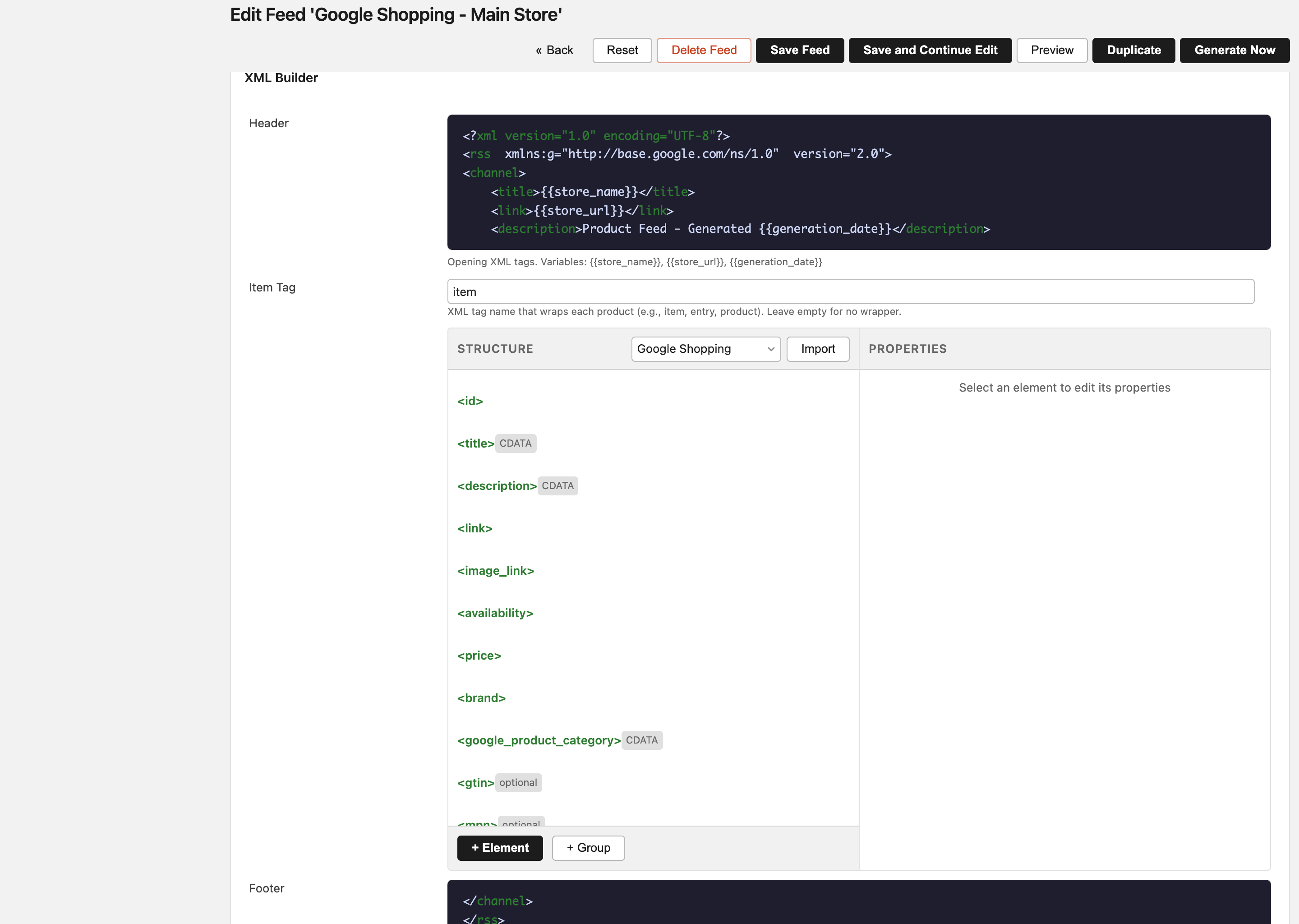 The XML Builder on a Google Shopping feed's Feed Content tab